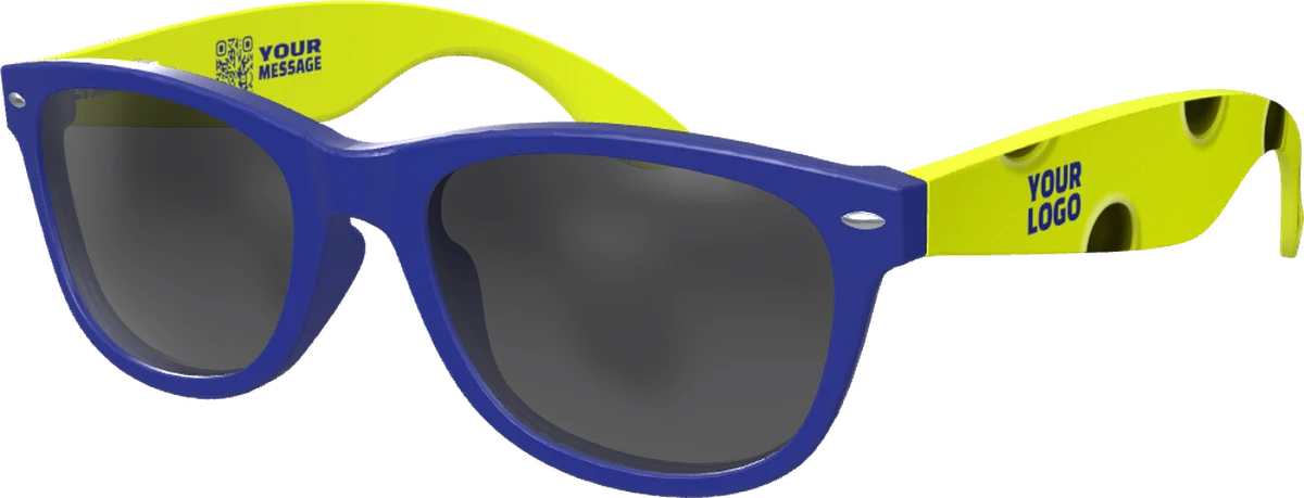 Ball Yellow: a navy frame with ball-yellow arms printed with a pickleball-hole pattern, YOUR LOGO by the hinge and YOUR EVENT at the tip.