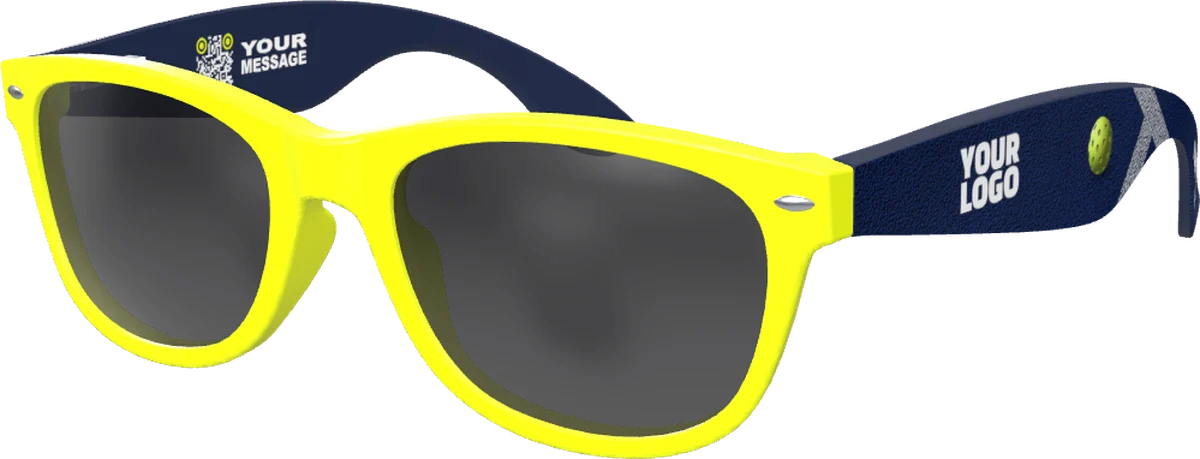 Court Navy: a ball-yellow frame with navy arms printed with court lines and a pickleball, YOUR LOGO by the hinge and YOUR EVENT at the tip.