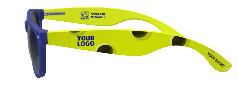 Ball Yellow from the side: navy frame, ball-yellow arm printed with a pickleball-hole pattern, YOUR LOGO by the hinge, YOUR EVENT at the tip, and a QR code with YOUR MESSAGE inside the far arm.